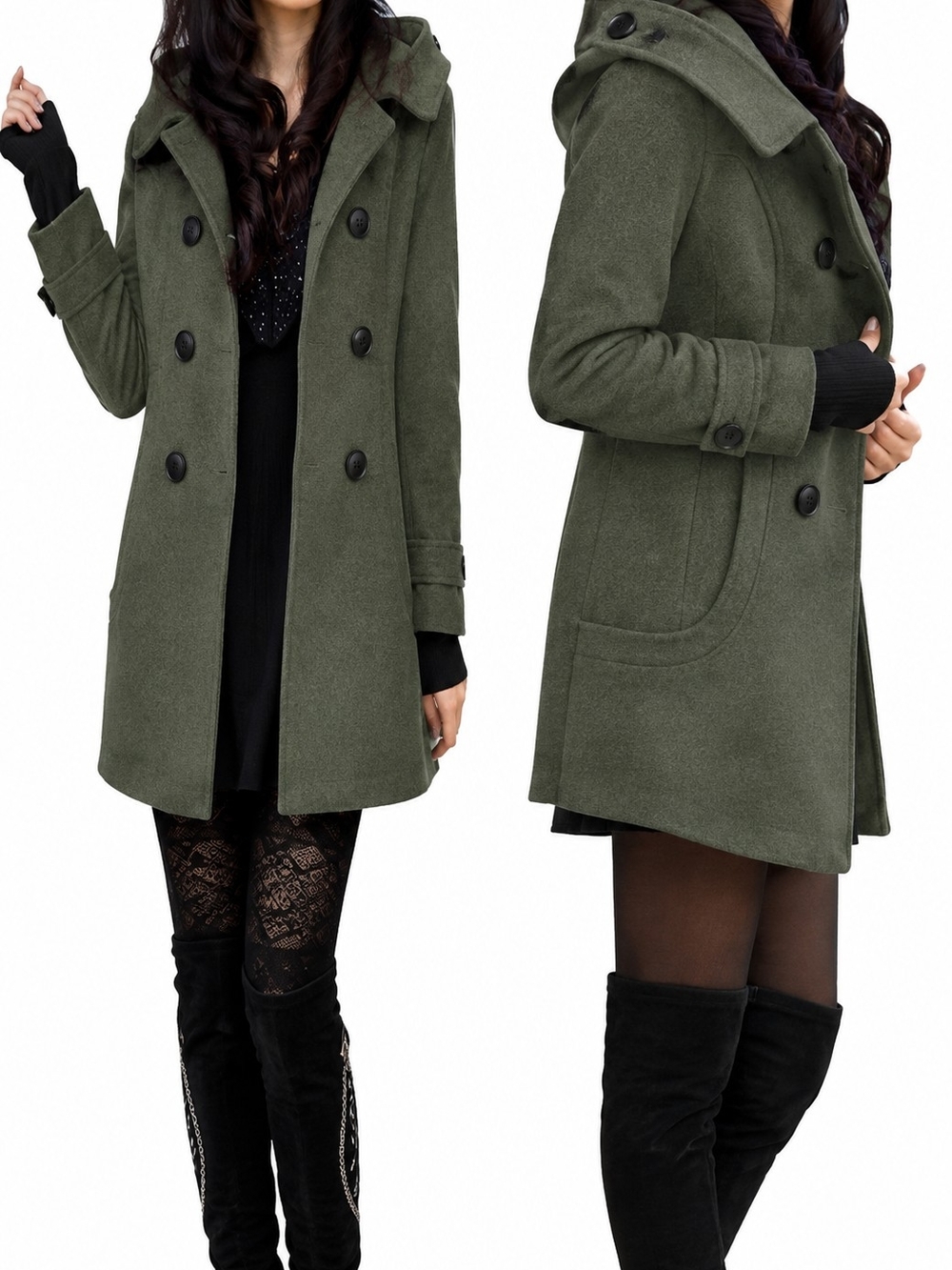 Olive Green Hooded  Wool-Blend A-Line Pea Coat NWT XXL